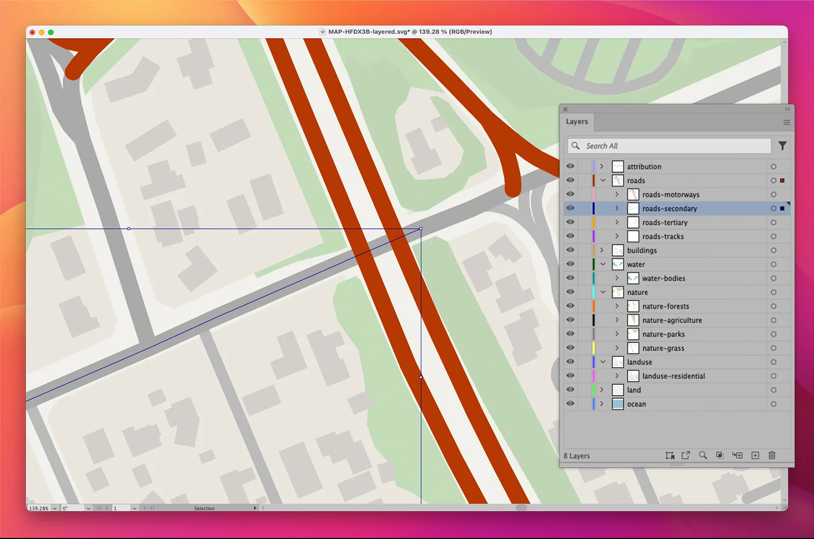 A screenshot example of a layered SVG vector map export from MapVG.