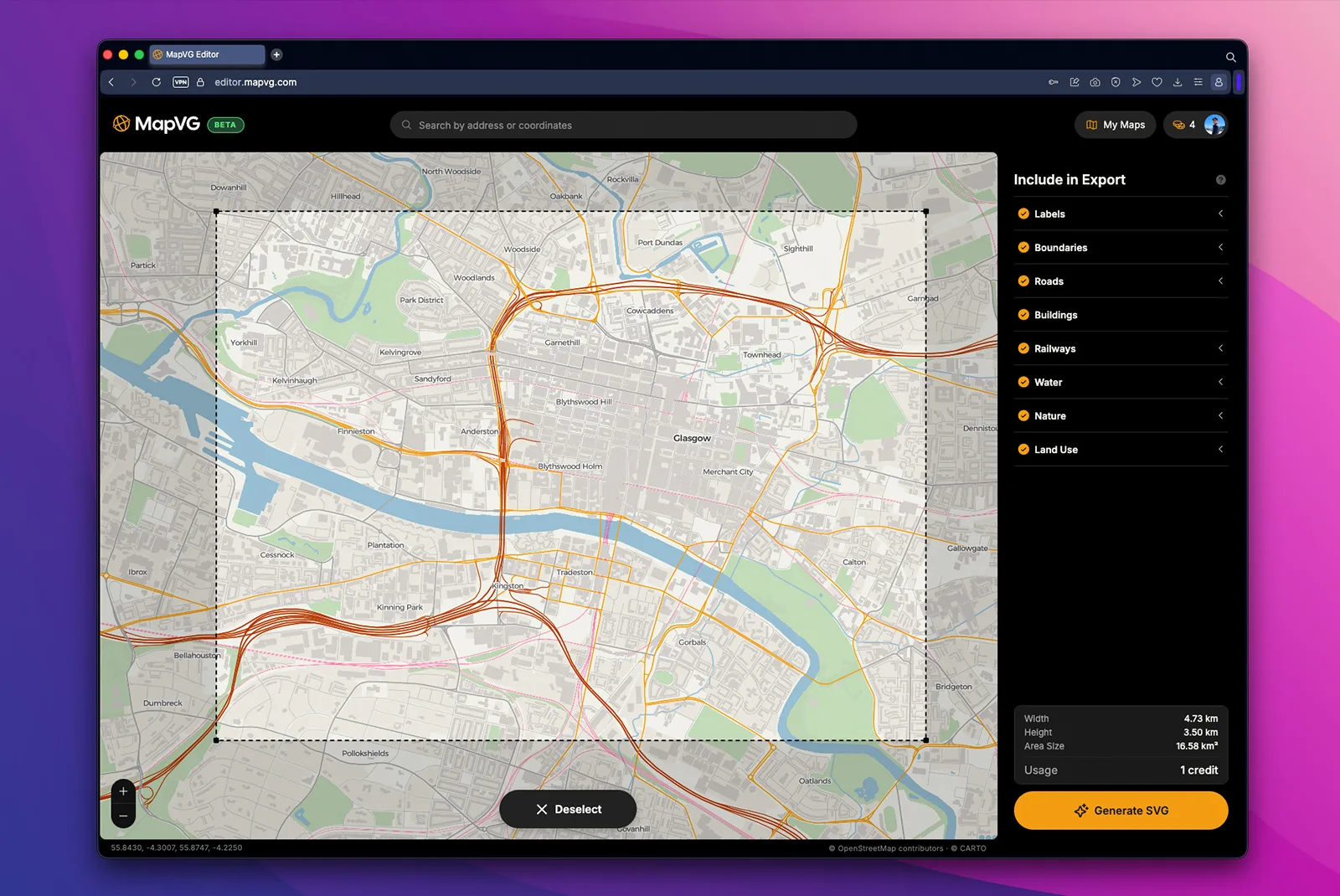 A screenshot of the MapVG editor (custom vector map generator).