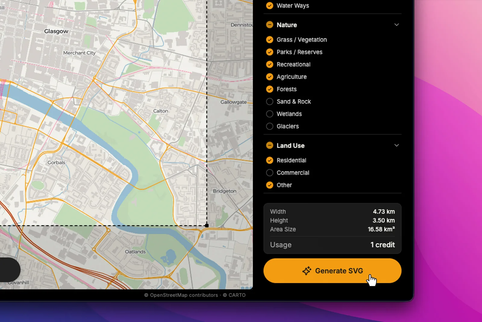 A screenshot of the MapVG map-to-vector generator.