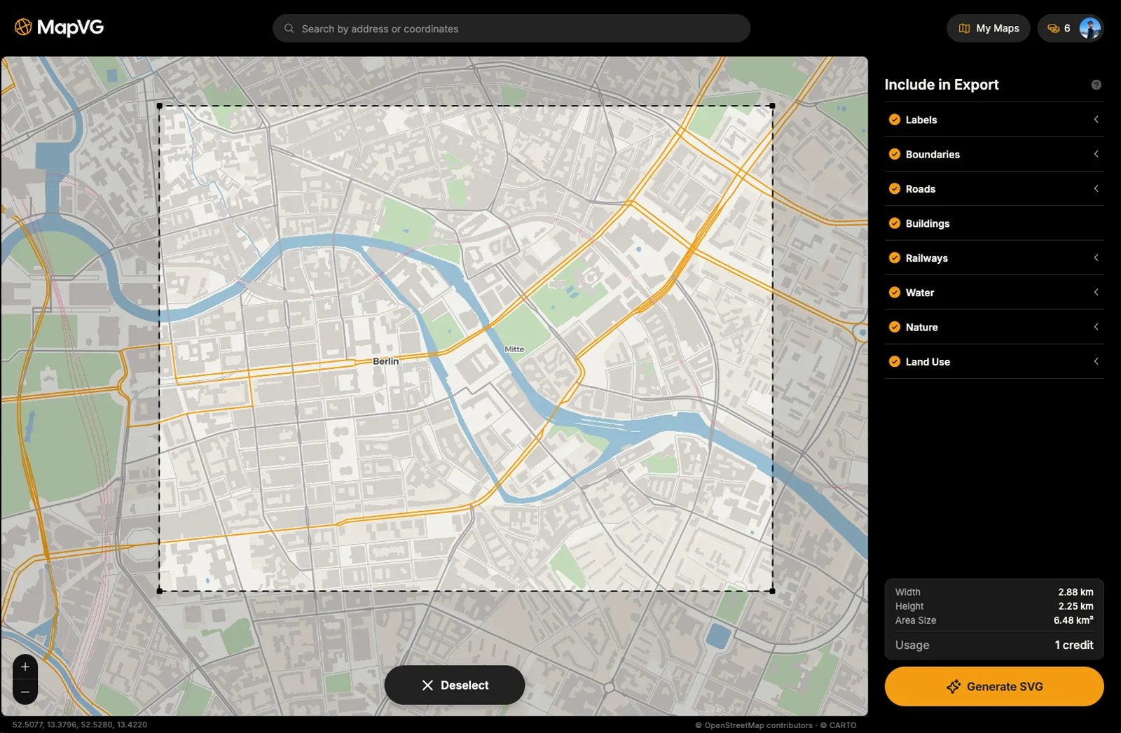 A screenshot of the MapVG editor exporting Berlin as an SVG file