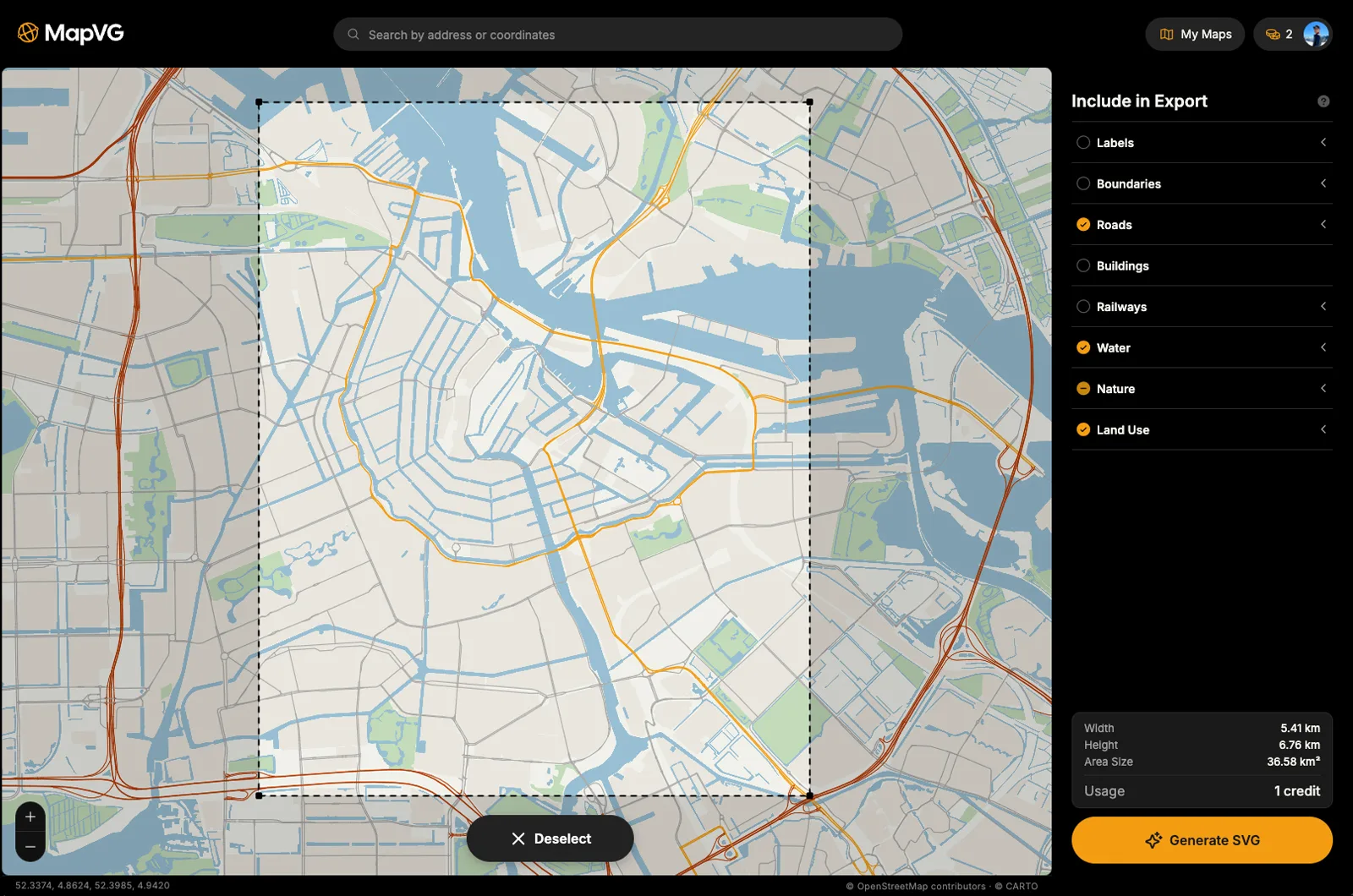 A screenshot of Amsterdam being selected in the MapVG editor for a custom-styled map poster design.
