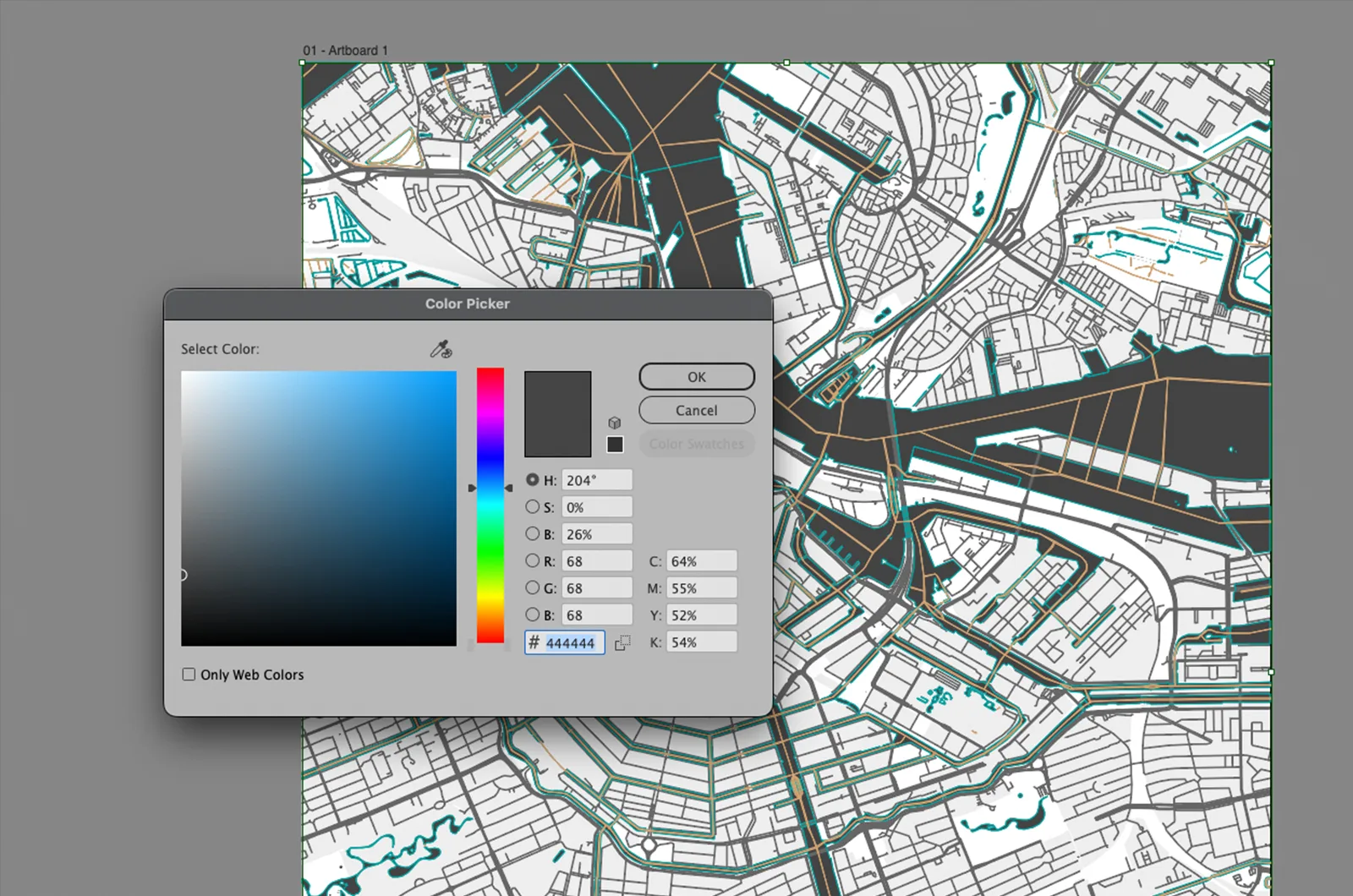 A screenshot of a map poster being styled in a vector editing program.