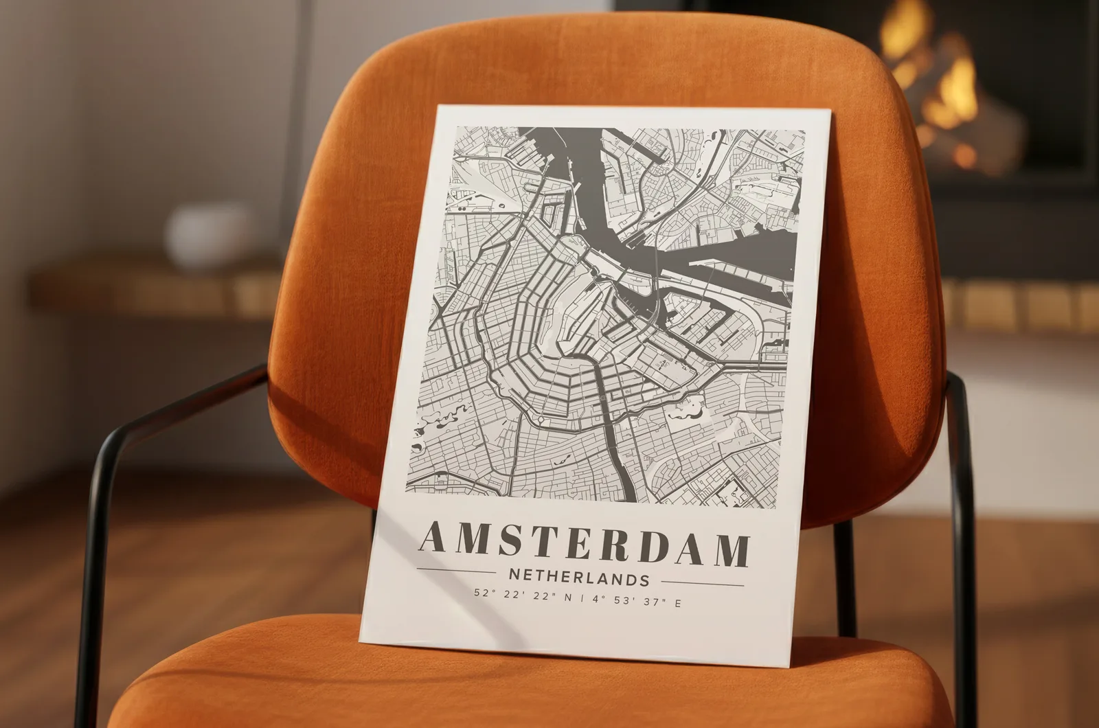 A custom map poster displayed on a chair.