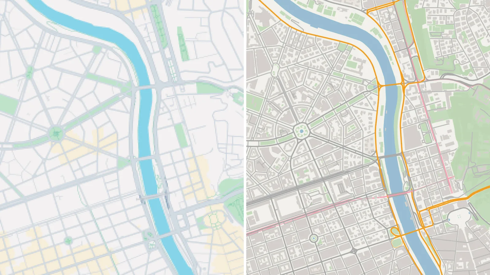 A comparison of a pixelated raster map versus a sharp vector map