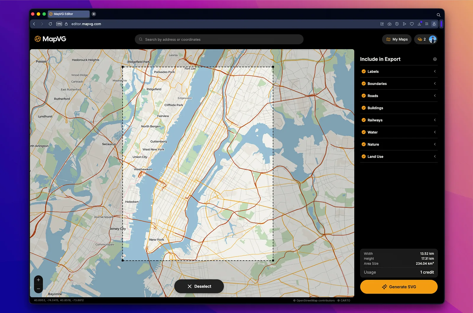 A screenshot of the MapVG editor with New York City selected for SVG map export.