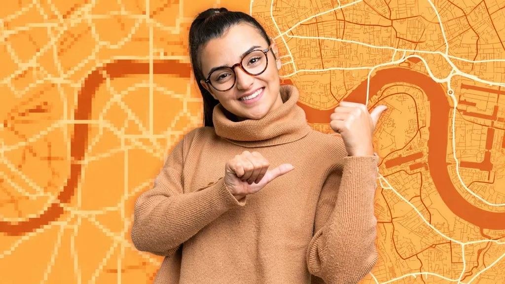 Designer pointing from a pixelated raster map to a clean vector map.