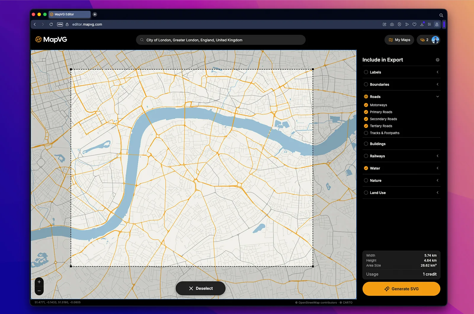 A screenshot of the MapVG editor with London CBD framed for export as vector map.
