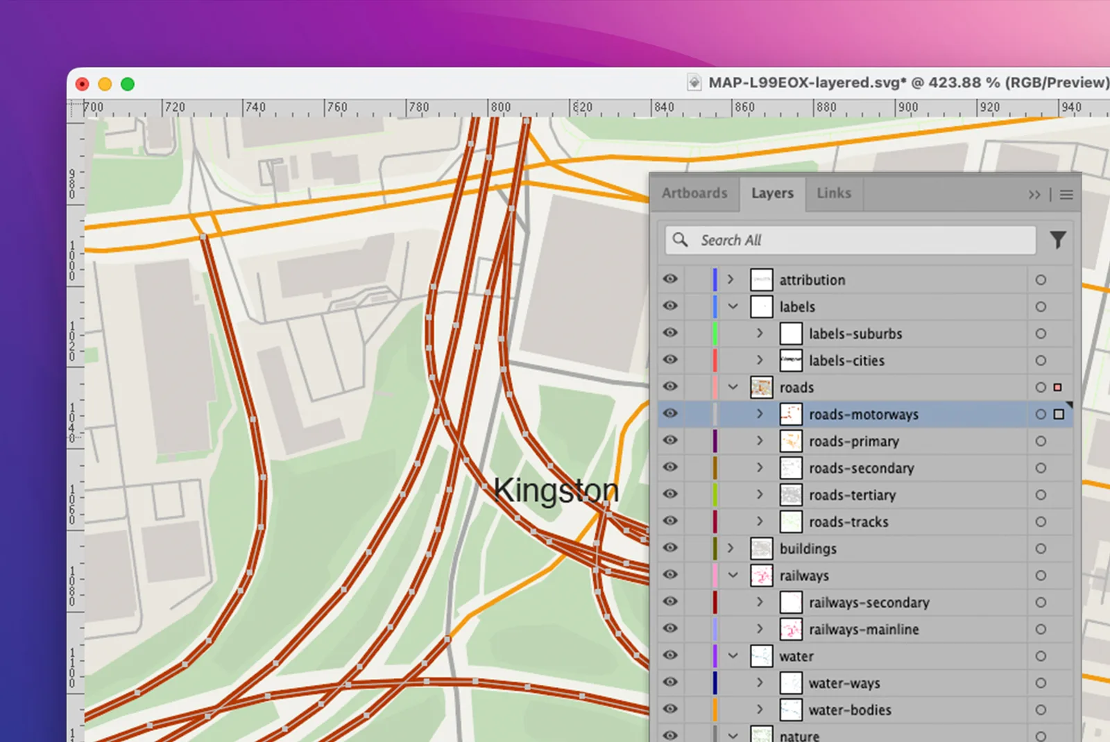 A screenshot of a MapVG vector map opened in Illustrator.